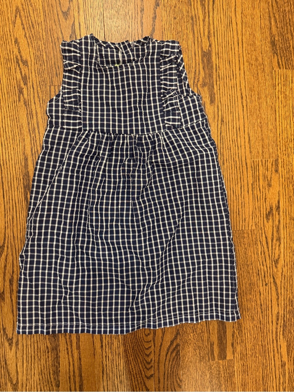 Girls Navy and White Checked Ruffle-Shoulder Formal Dress